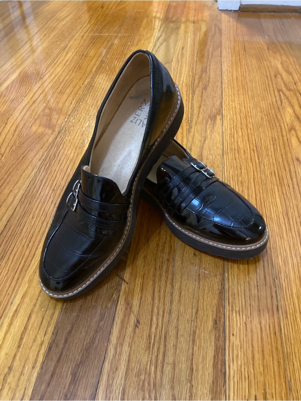 Naturalizer Women’s Black Patent Slip-On Loafers with Buckle Accent